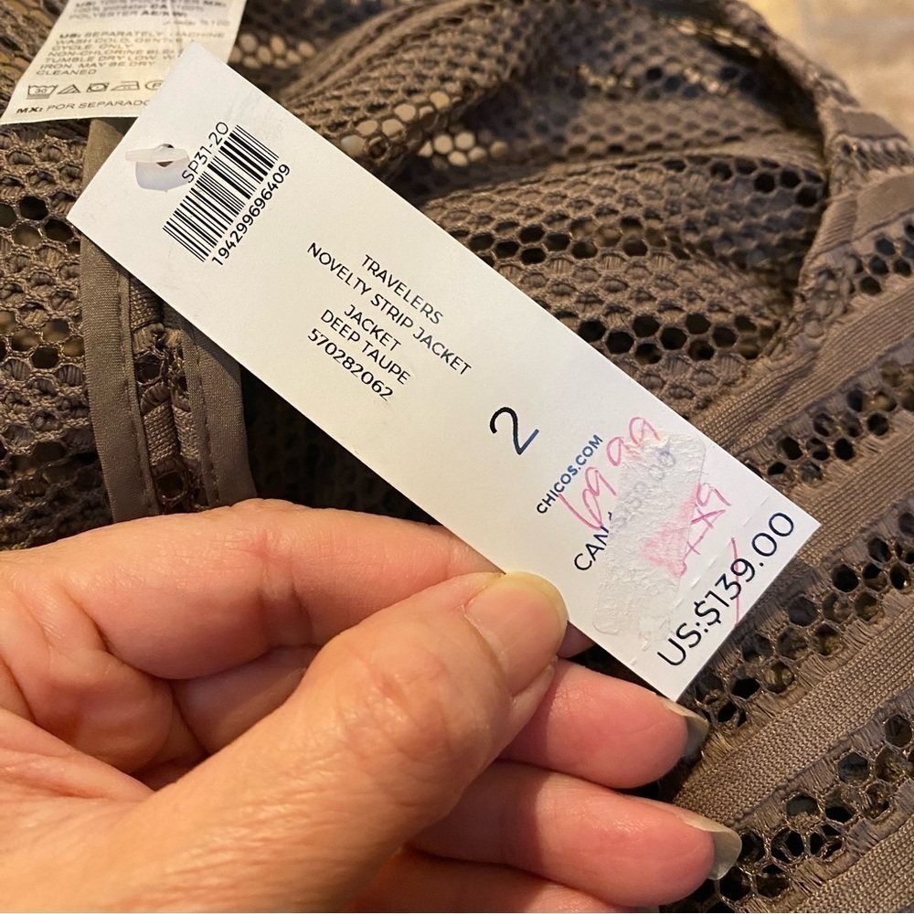 NWT~CHICO’S Women Deep Taupe Travelers Novelty Strip Jacket Size 2 (12/14) - Picture 9 of 12
